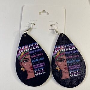 Wooden teardrop earring with “Cancer” zodiac sign